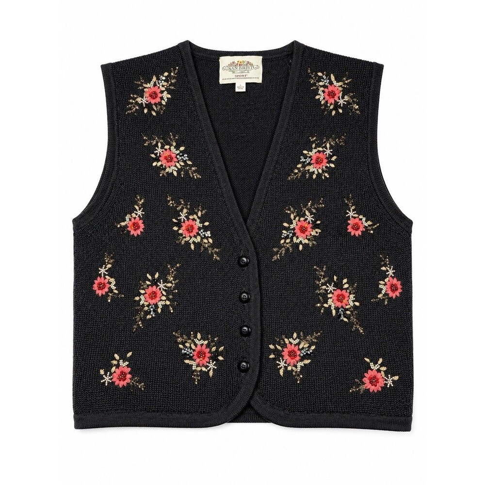 Vintage Susan Bristol 100% Wool Hand Embroidered Beaded Floral Vest M Petite